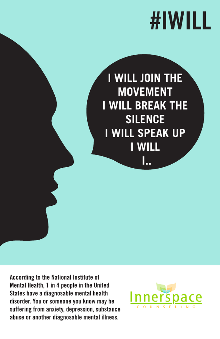 Early #IWILL concept: black silhouette with a rounded speech bubble containing set type.
