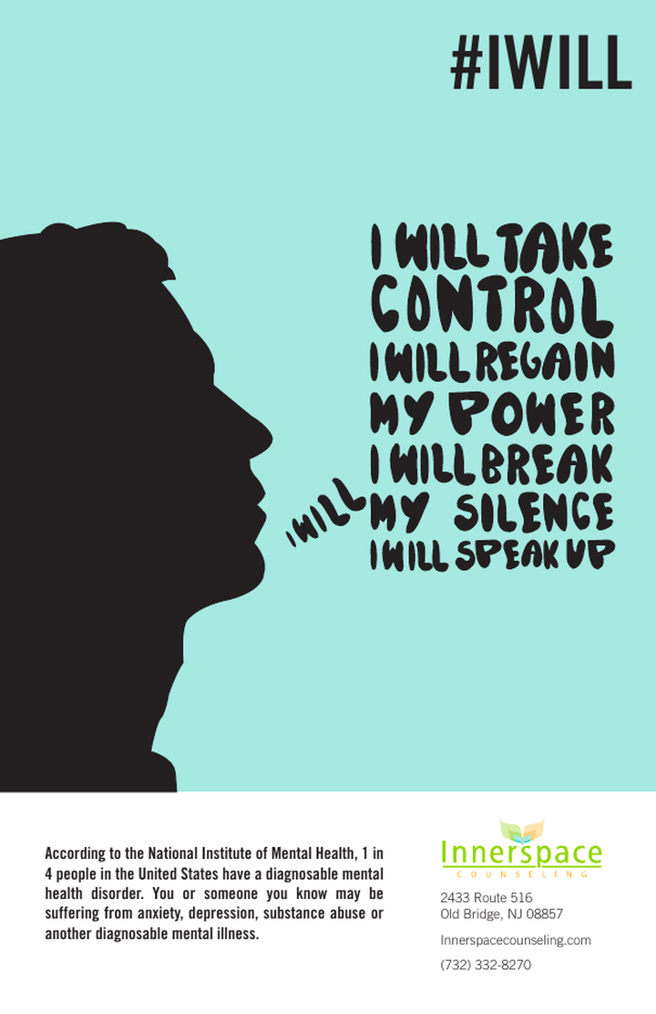 #IWILL concept with the hand lettering released from the bubble, flowing freely out of the mouth across the teal field.