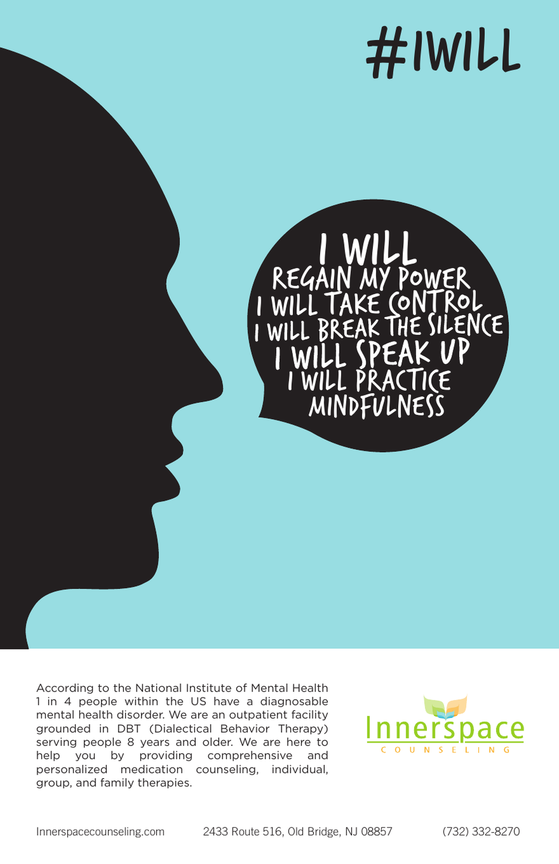 The final #IWILL magazine advertisement for Innerspace Counseling: a black profile silhouette on a teal field speaking hand-lettered white commitments.